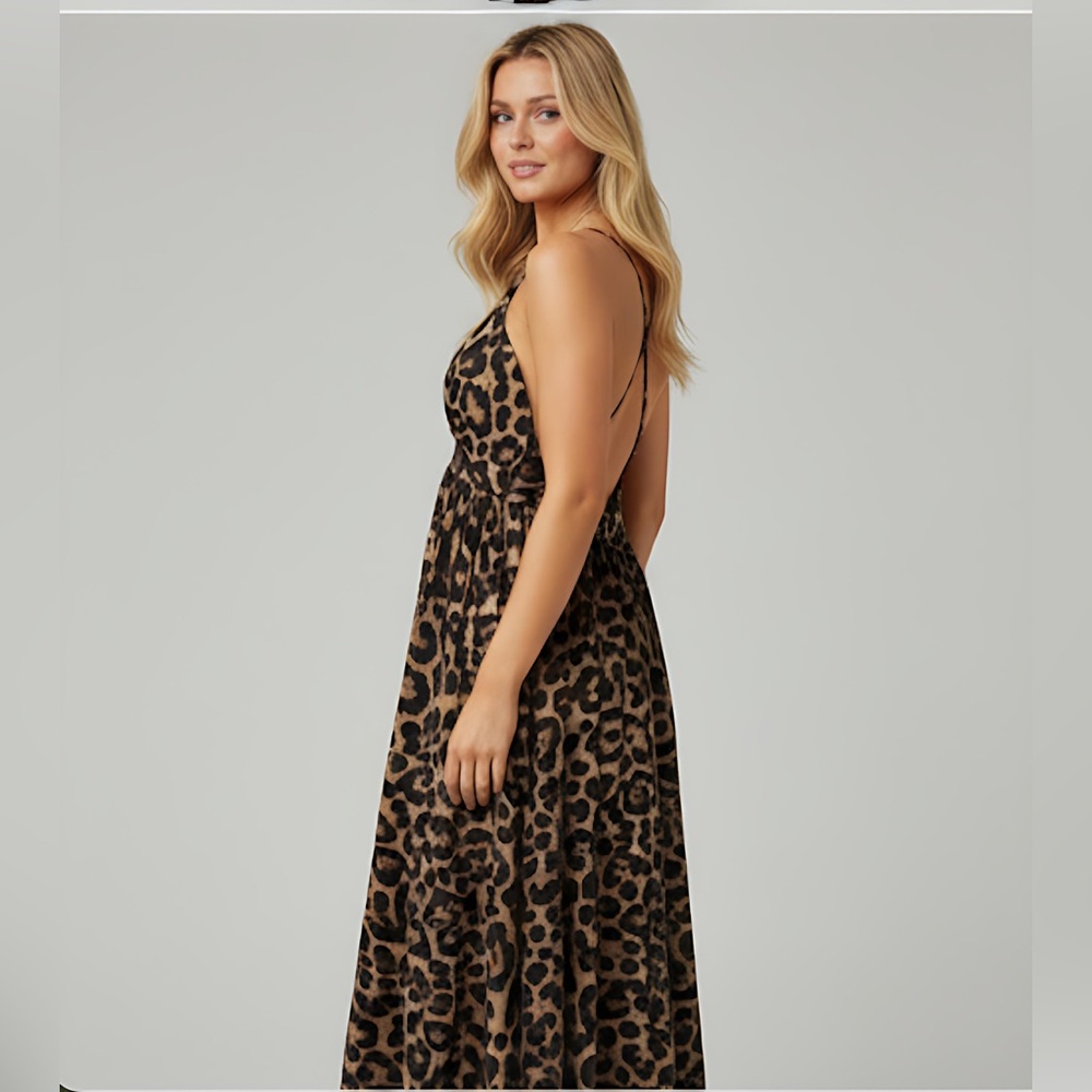 Plunging Neck Crisscross Open Back Leopard Dress - Picture 2 of 13